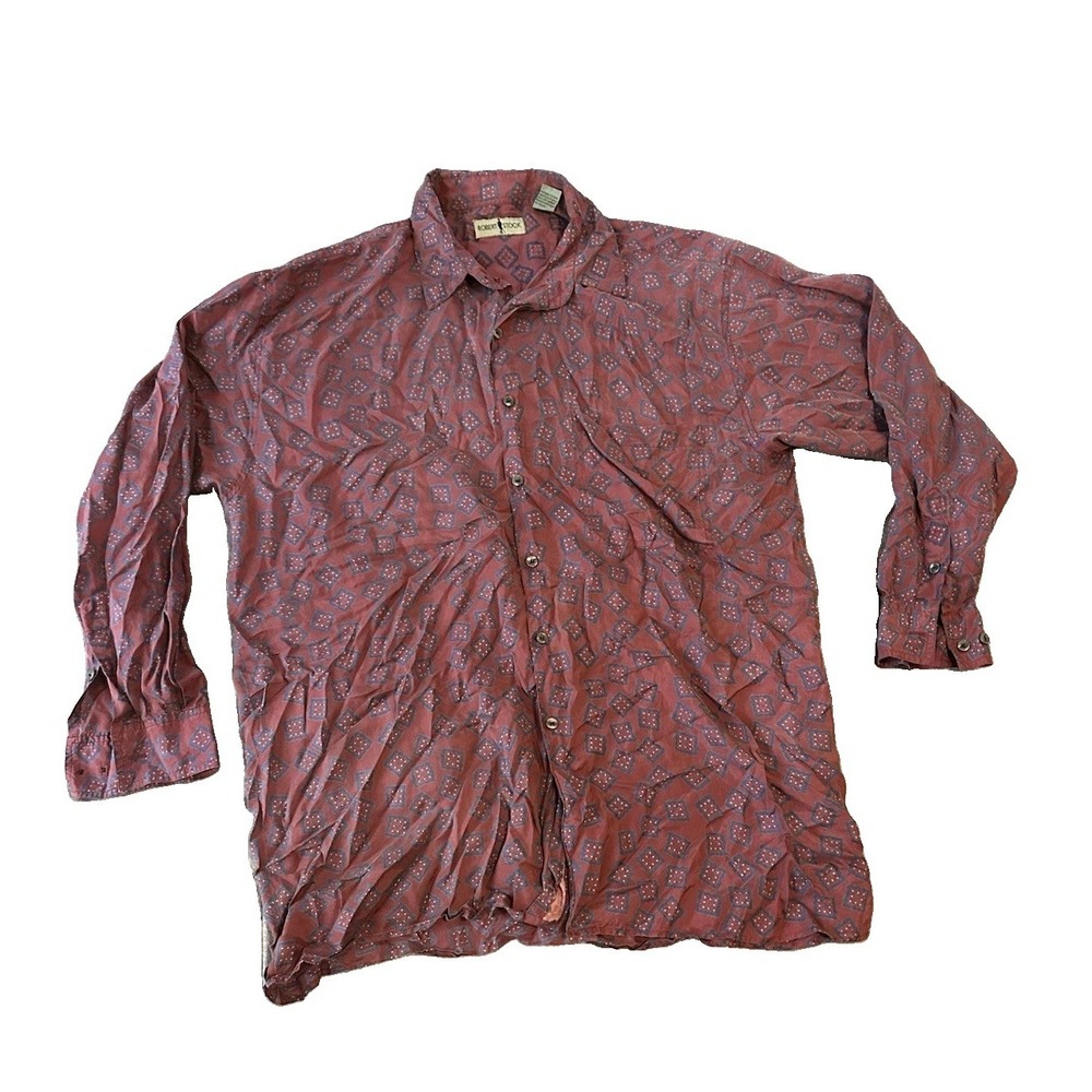 Vintage Robert Stock 100% Silk Geometric Print Mens Shirt XL Burgundy 90s Artsy